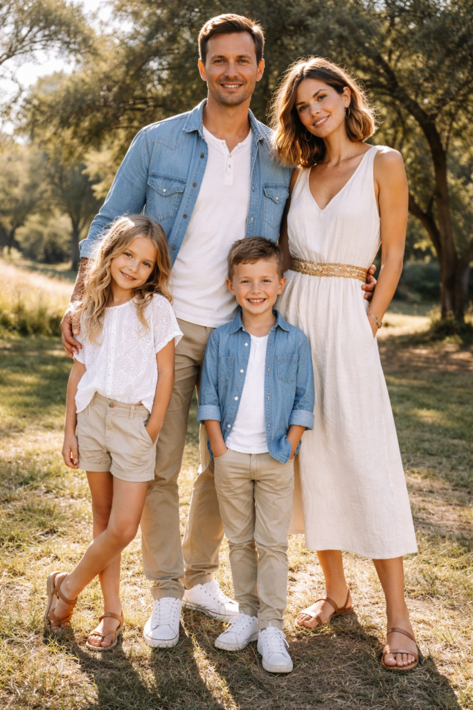 Family of four standing outdoors in coordinated light neutral and denim outfits, featuring cream tops, beige pants, and chambray shirts, posing confidently in soft natural light.