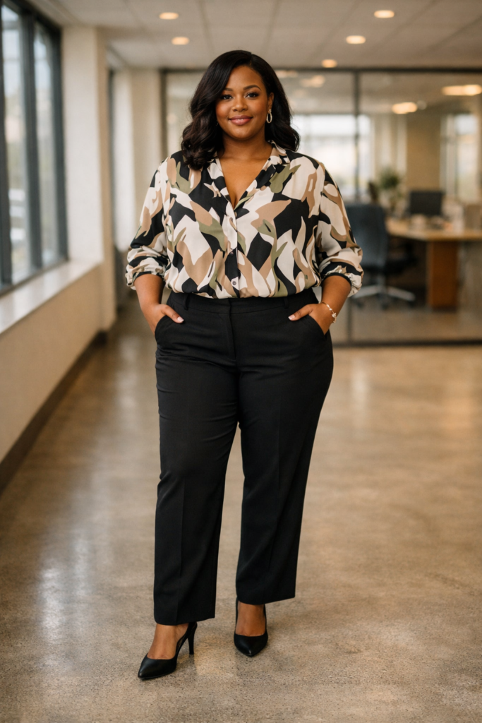 Plus size woman wearing a colorful printed blouse tucked into black dress pants, styled for a business casual spring office look