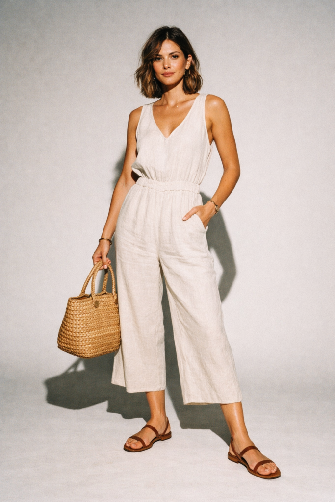 A woman wearing a linen jumpsuit and carrying a woven bag. She is wearing a sandal. 