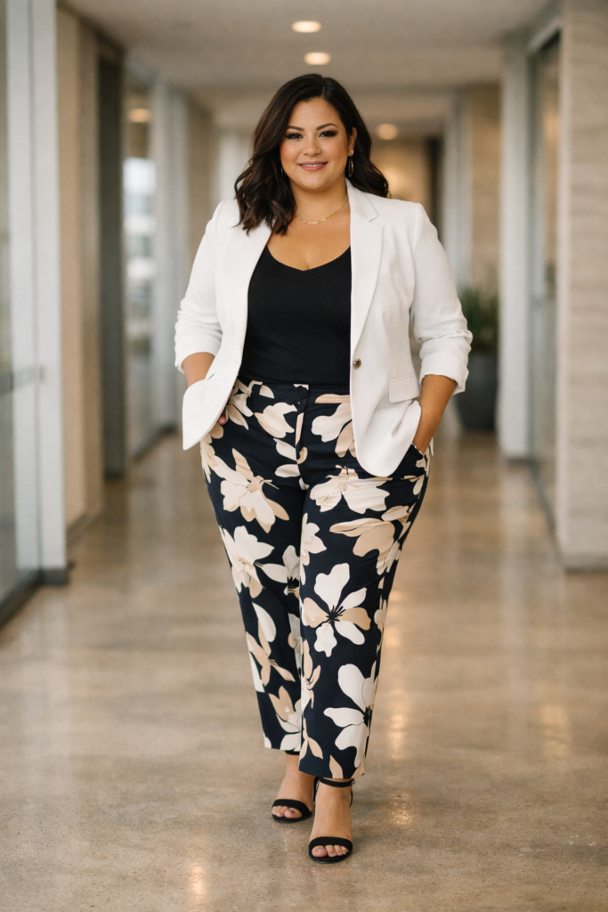 heerful plus size spring office outfit with a bright knit top and dark tailored trousers, showcasing bold yet professional style