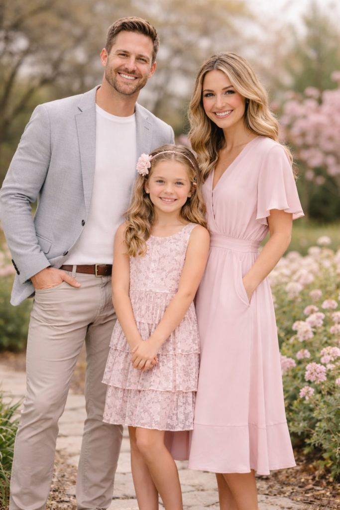 Family in light grey and blush pink outfits standing under blooming trees