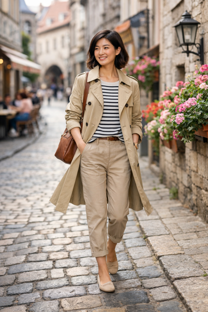 Stylish woman in a trench coat layered over a striped tee and cropped chinos strolling down a spring street – functional and fashionable outerwear outfit