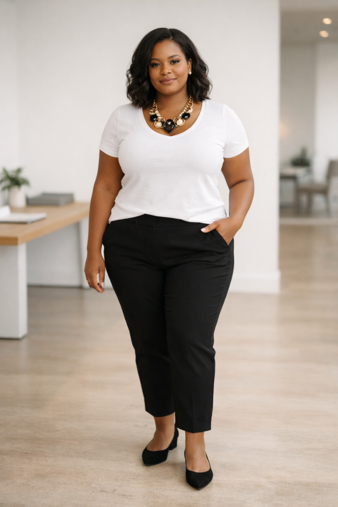 Minimalist plus size spring outfit featuring a simple tee, bold statement necklace, and ankle pants, styled for casual office days