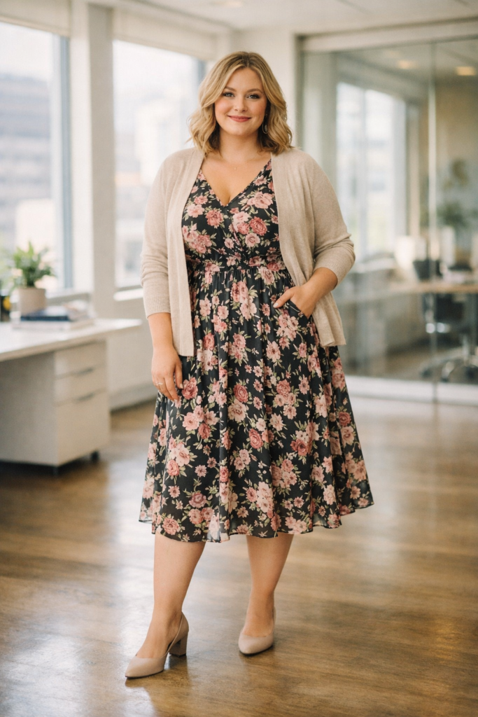 Plus size woman wearing a colorful printed blouse tucked into black dress pants, styled for a business casual spring office look