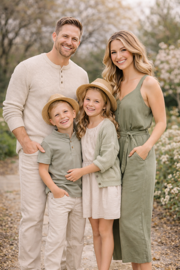 A family in earthy green and beige outfits walking along a path in a lush green setting.