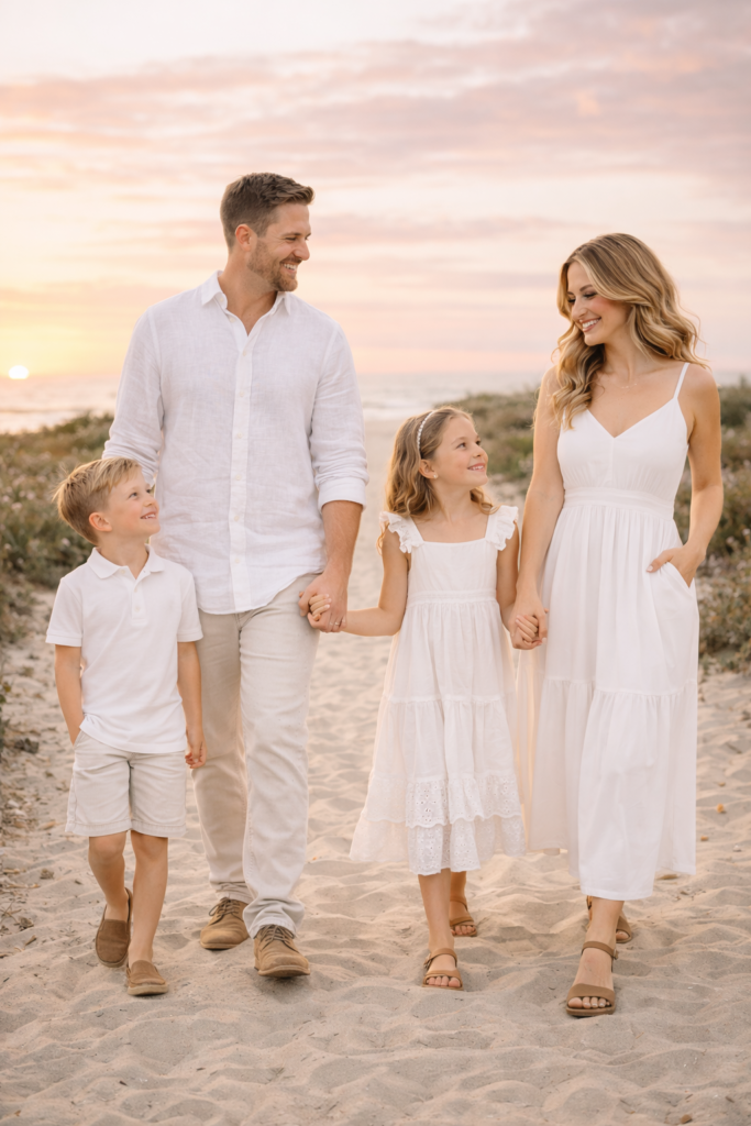 A family walking on a sandy path wearing monochrome white outfits with tan footwear.