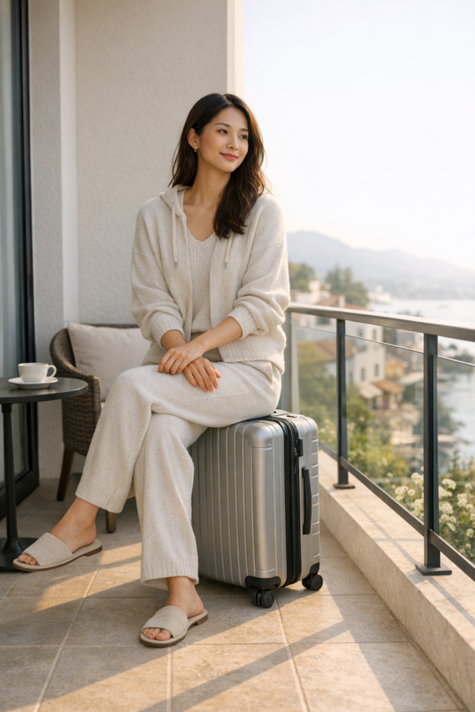 Fashion-forward traveler in a knit top and matching shorts or skirt, styled with slides and minimal jewelry – cozy and Instagram-worthy travel style