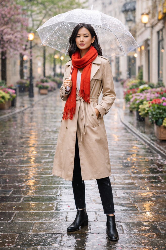 Chic woman holding a clear umbrella in the rain, dressed in a waterproof trench, slim black pants, boots, and a red scarf – stylish and practical rainy day outfit.