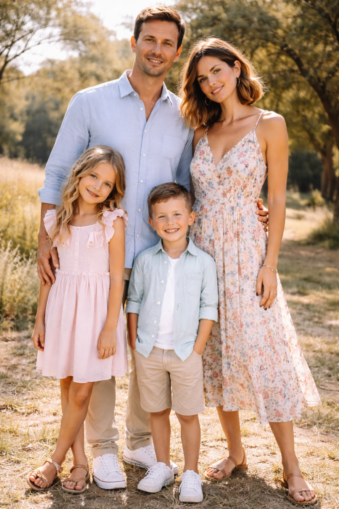 Family wearing coordinated pastel spring outfits including dusty pink, mint green, and baby blue, with one member in a floral dress, smiling together in a sunlit field.
