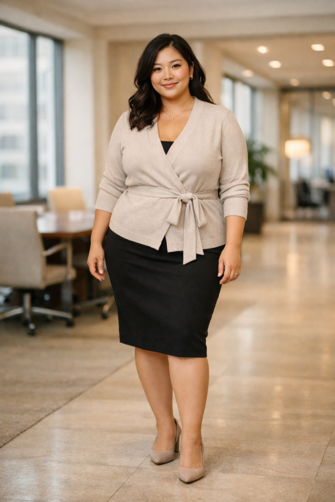 Stylish plus size woman in a soft wrap cardigan and fitted pencil skirt, perfect for a comfortable and professional spring work outfit