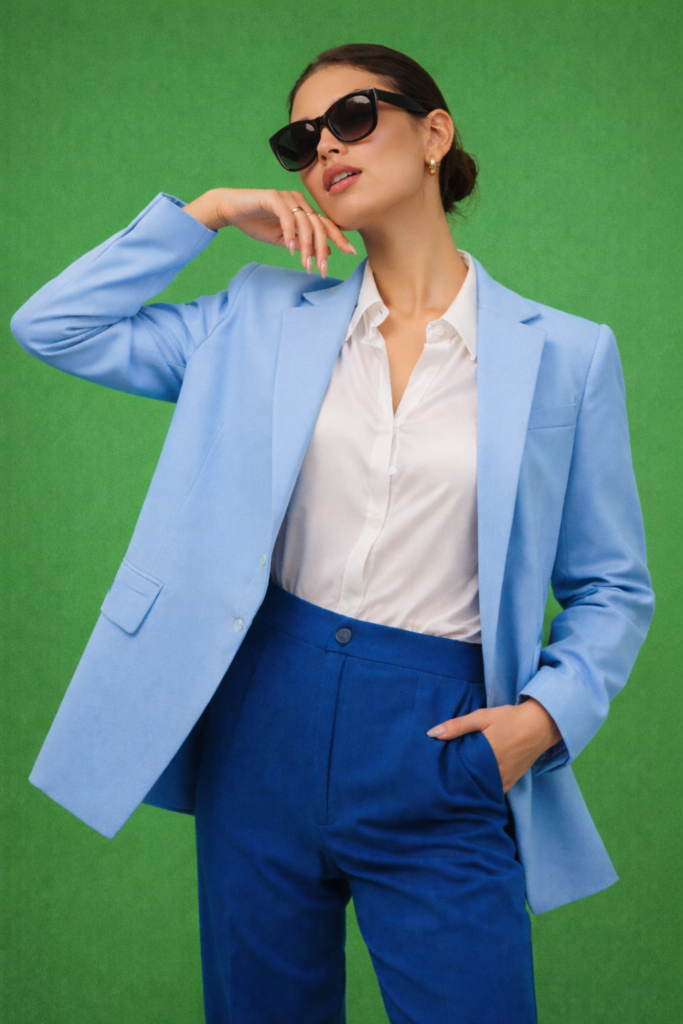 Woman wears a baby blue structured blazer layered over a white silk blouse with a soft sheen, paired with dark bright blue tailored trousers.