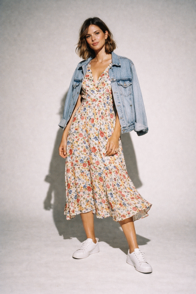 A woman wearing a floral midi dress and white sneakers. 
