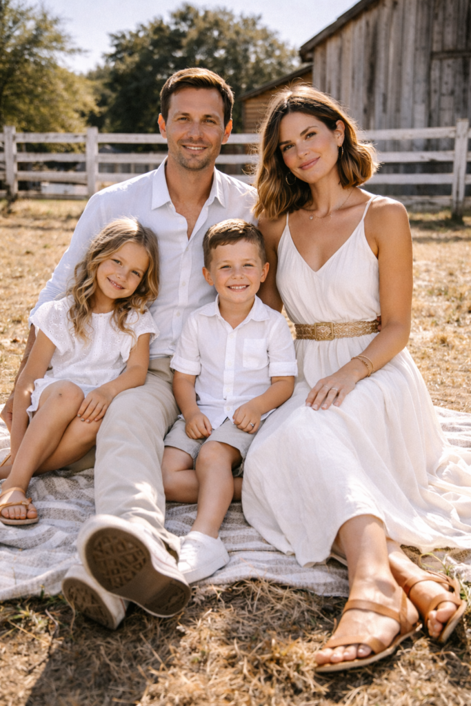 Woman in a flowing white maxi dress with tan belt and sandals, standing beside her family dressed in white and beige tones, captured in a dreamy spring landscape.