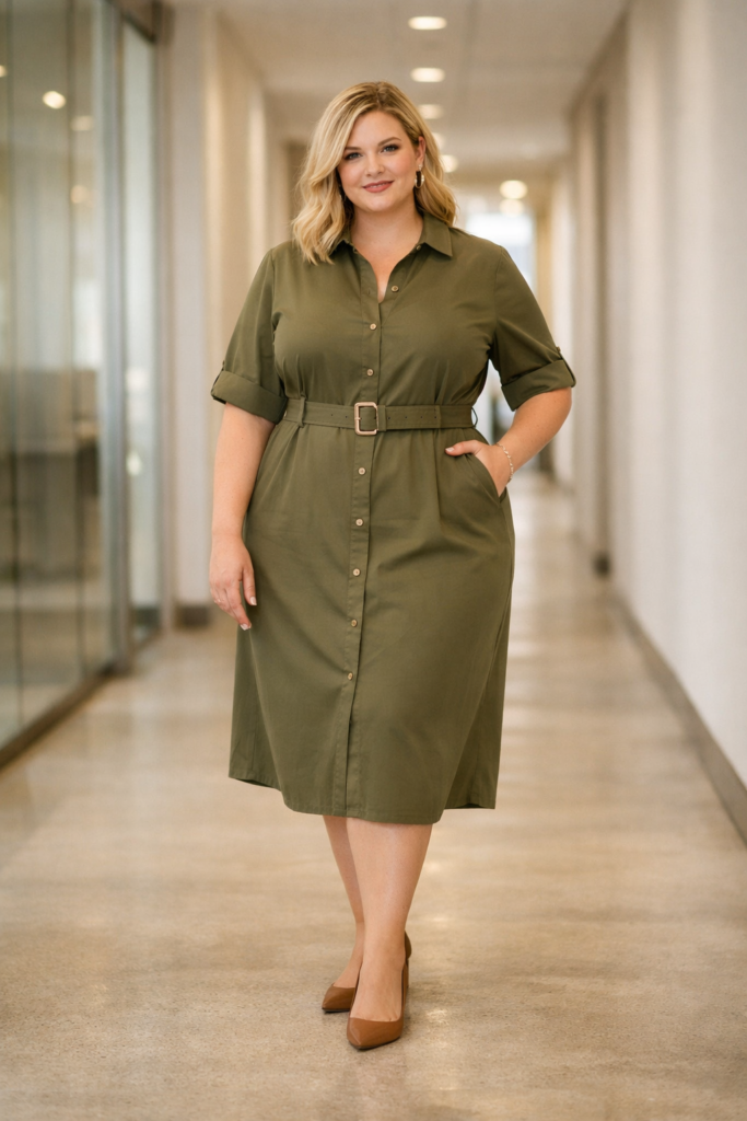 Confident plus size woman in a belted button-down shirt dress, ideal for spring office style with structure and ease
