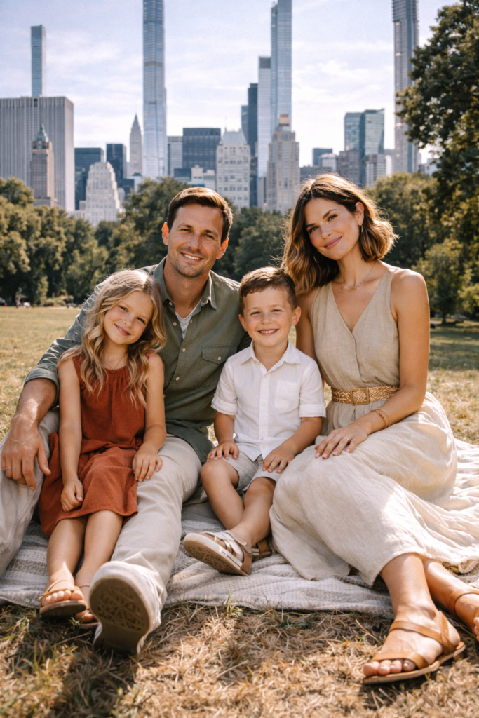 Family sitting together on a blanket in Central Park, dressed in earth-toned spring outfits like olive green, rust, and beige, with a soft New York City skyline in the background.