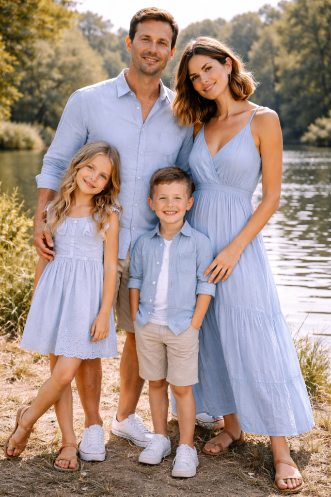 Family in soft blue outfits by a lake