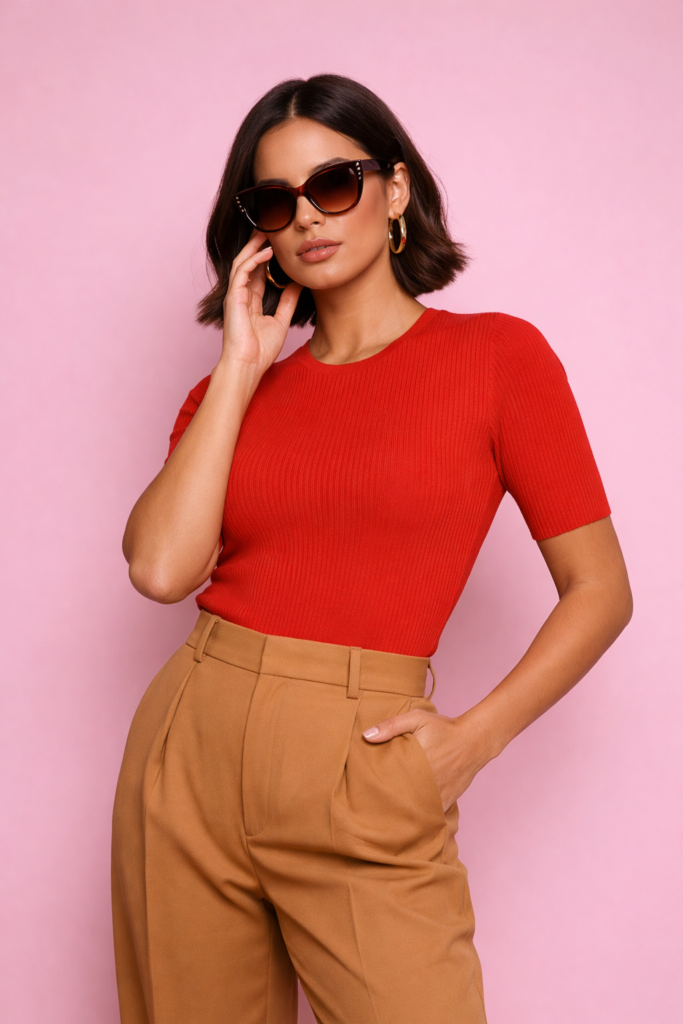 Stylish woman in a fitted red ribbed knit top and camel tailored trousers, posing assertively against a powder pink studio background.