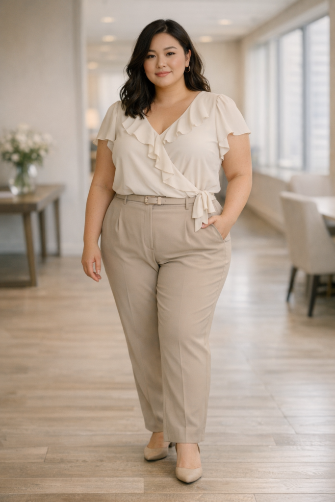 Feminine spring office look featuring a ruffled blouse and mid-rise trousers on a plus size woman, blending elegance and professionalism