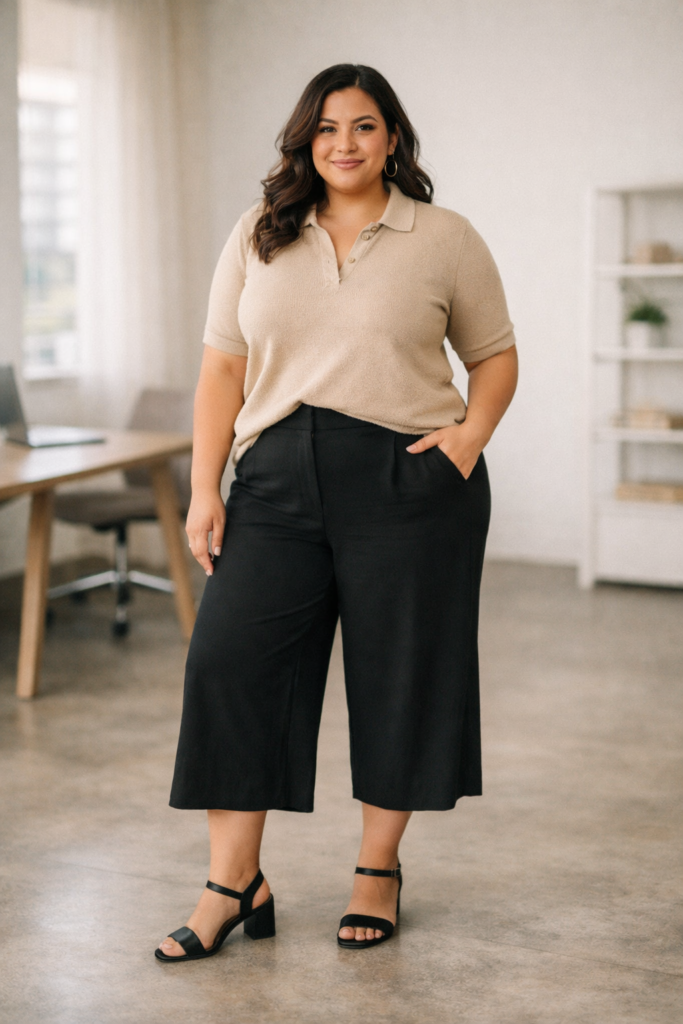 Plus size woman wearing a knit polo top paired with culottes, styled for a chic and casual spring office ensemble