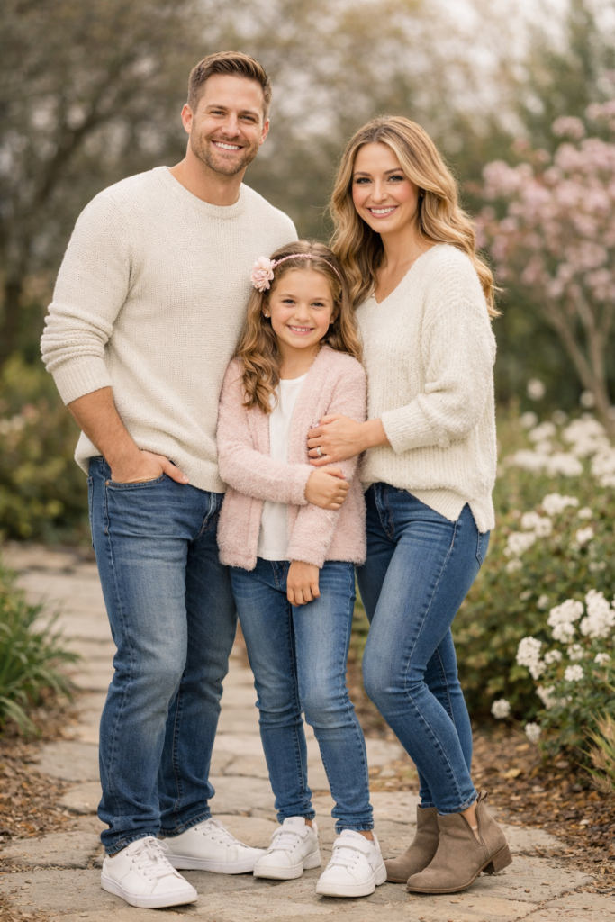 A family wearing light sweaters and skinny jeans in a blooming orchard.