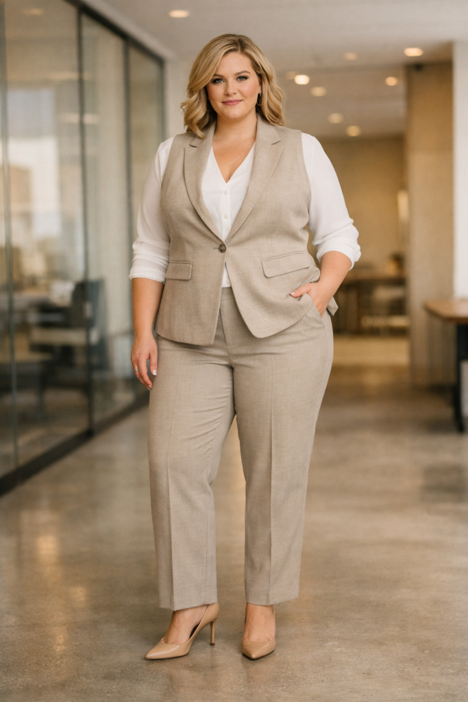 Plus size office outfit with a tailored vest over a blouse and structured pants, creating a layered and polished spring look