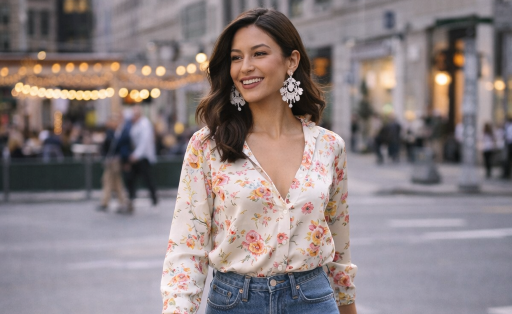 Casual spring evening outfit with blouse tucked into high-waist jeans, accessorized with bold earrings and a clutch.