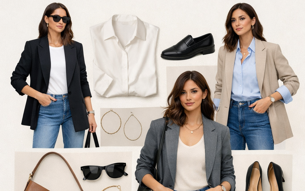 • Business casual styling collage in warm brown tones with tailored pants, leather accessories, and relaxed layers