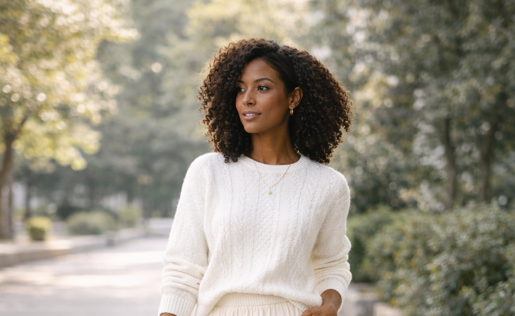 White sweater paired with a flowing maxi skirt and sandals.