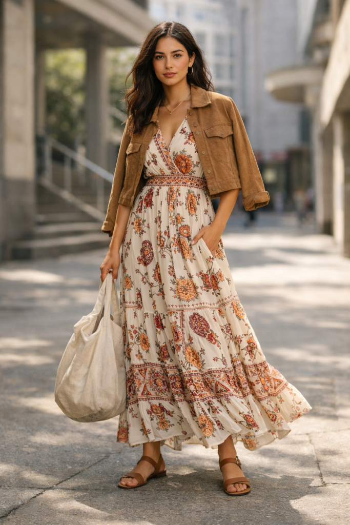Woman wearing a flowy artisan-print maxi dress with flat sandals and a slouchy tote, walking outdoors in soft natural light.