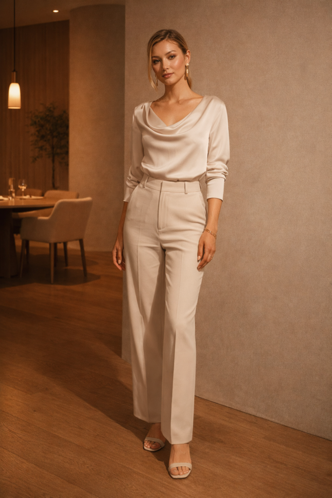 Woman wearing neutral-toned tailored pants and a silky blouse, styled for an understated and elegant Valentine’s Day outfit.