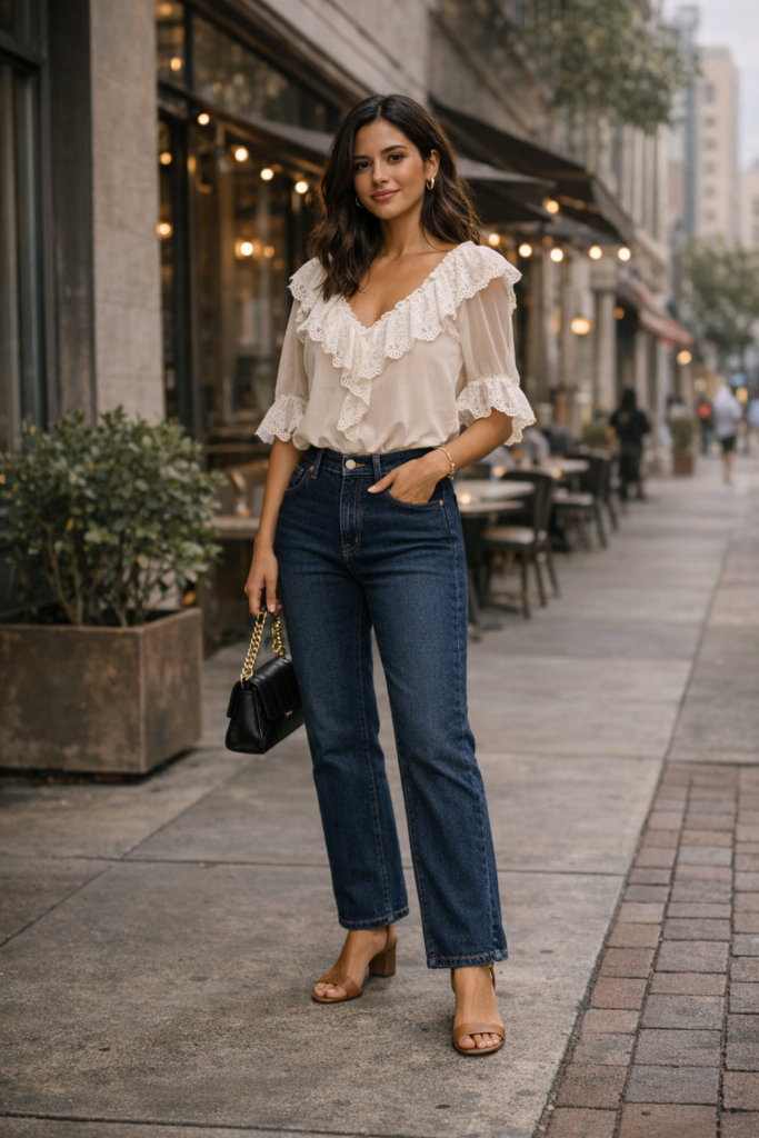 Woman wearing dark-wash jeans paired with a romantic lace or ruffled top, styled for a casual yet chic Valentine’s Day look.