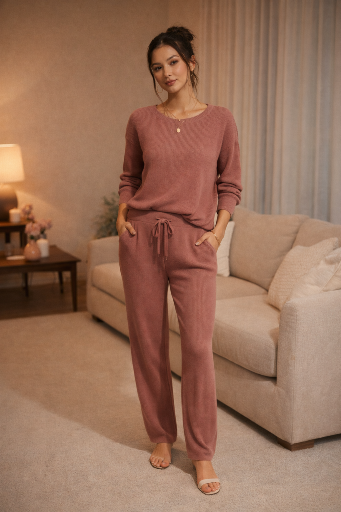 Woman wearing a soft pink lounge set in an elevated knit fabric, styled comfortably for a cozy Valentine’s Day night at home.