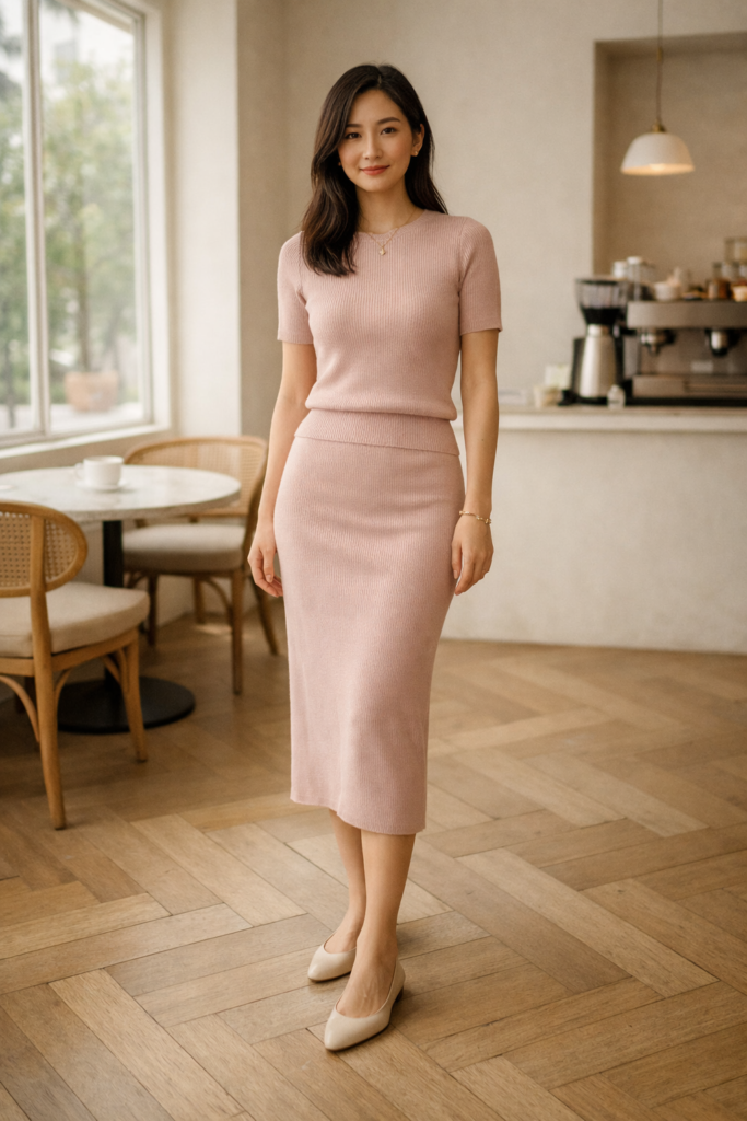Woman in a blush knit matching set with a fitted top and midi skirt, styled casually for a cozy yet polished Valentine’s Day outfit.