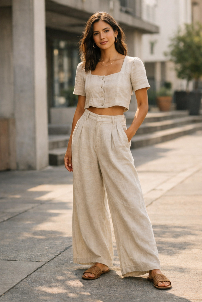 Woman in neutral linen wide-leg pants and a cropped blouse, styled effortlessly in an urban outdoor setting.