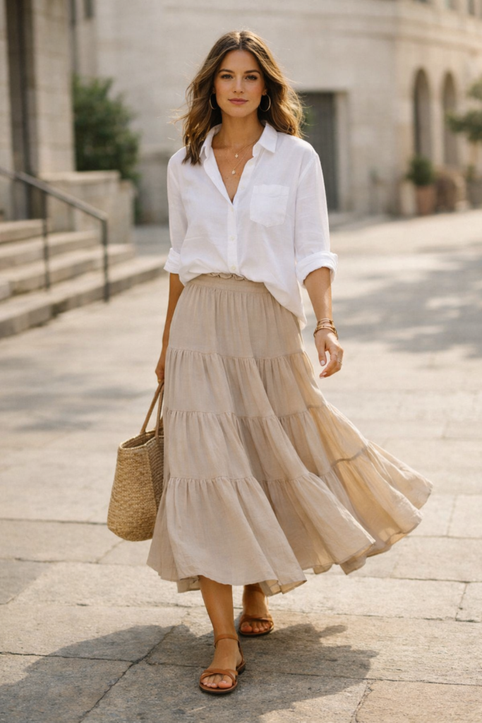 Woman wearing a flowing tiered skirt and a lightweight button-down shirt, styled half-tucked for an effortless boho look.