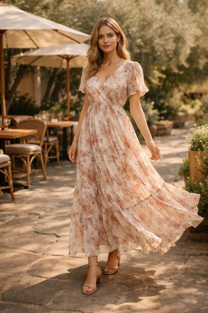 Woman in a flowing floral maxi dress with soft romantic colors, styled effortlessly for a Valentine’s Day brunch or date.