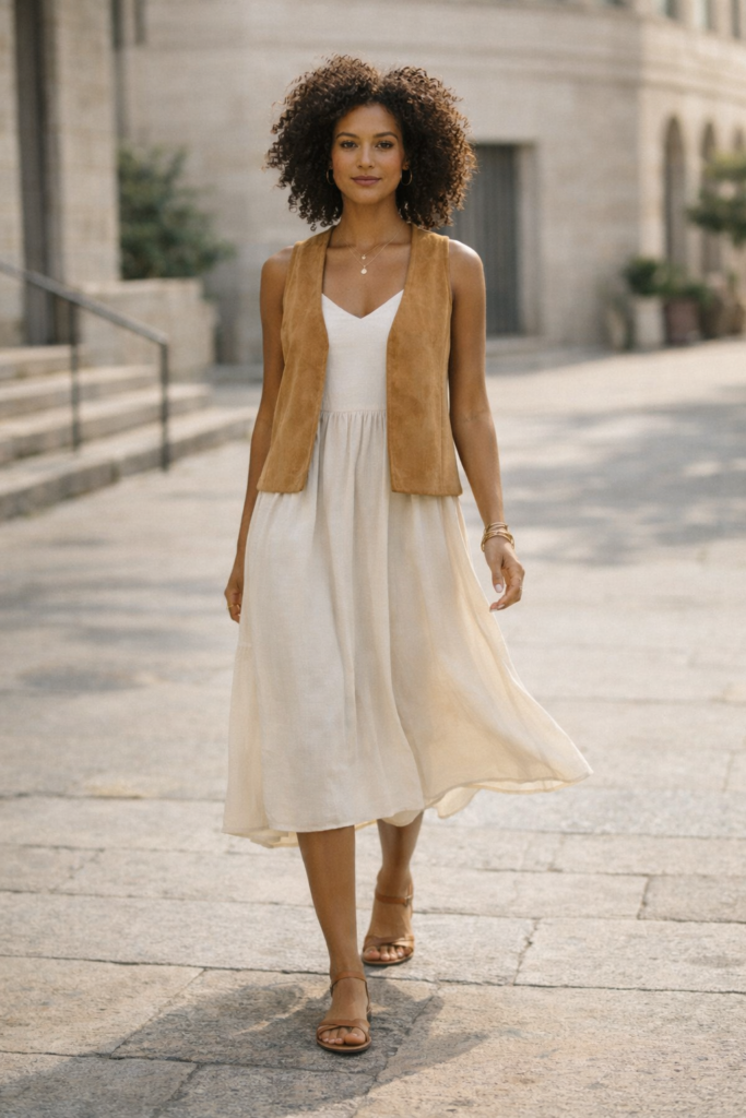 Woman wearing a soft suede vest layered over a simple spring dress, styled outdoors with light, natural movement.