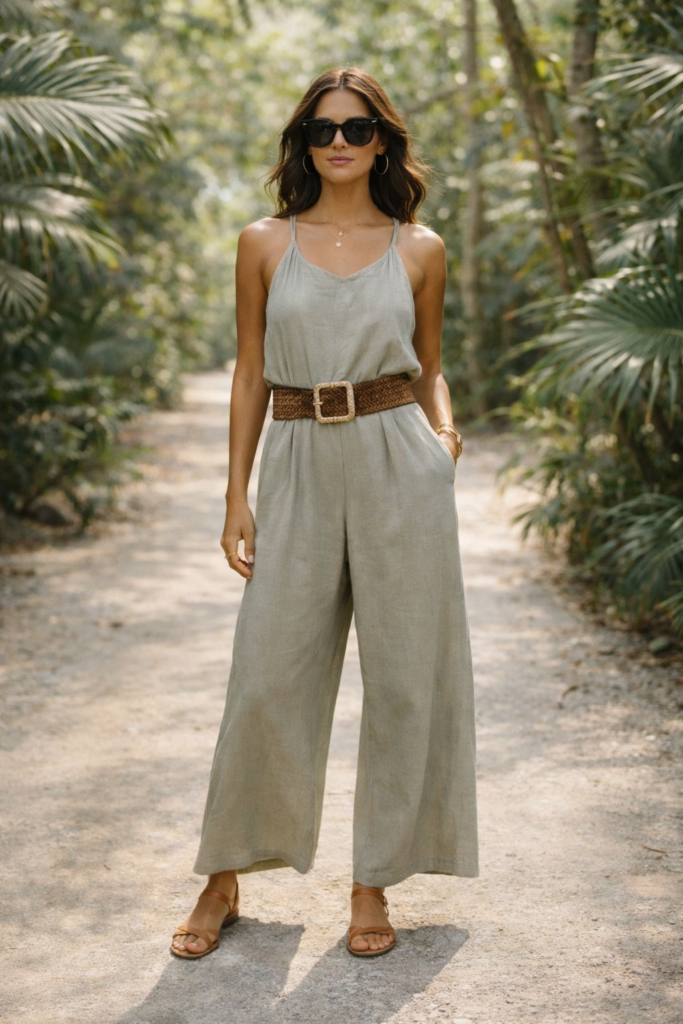 Woman wearing a wide-leg jumpsuit with a woven statement belt and sunglasses, photographed in a lush jungle setting.