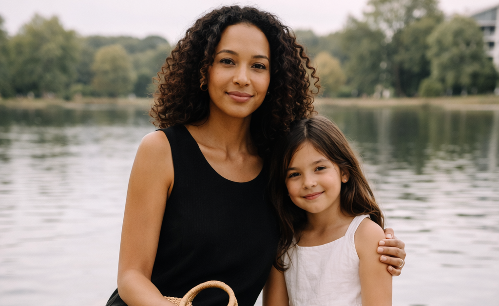 Mother and daughter dressed in black and white spring outfits with breathable fabrics and woven accessories