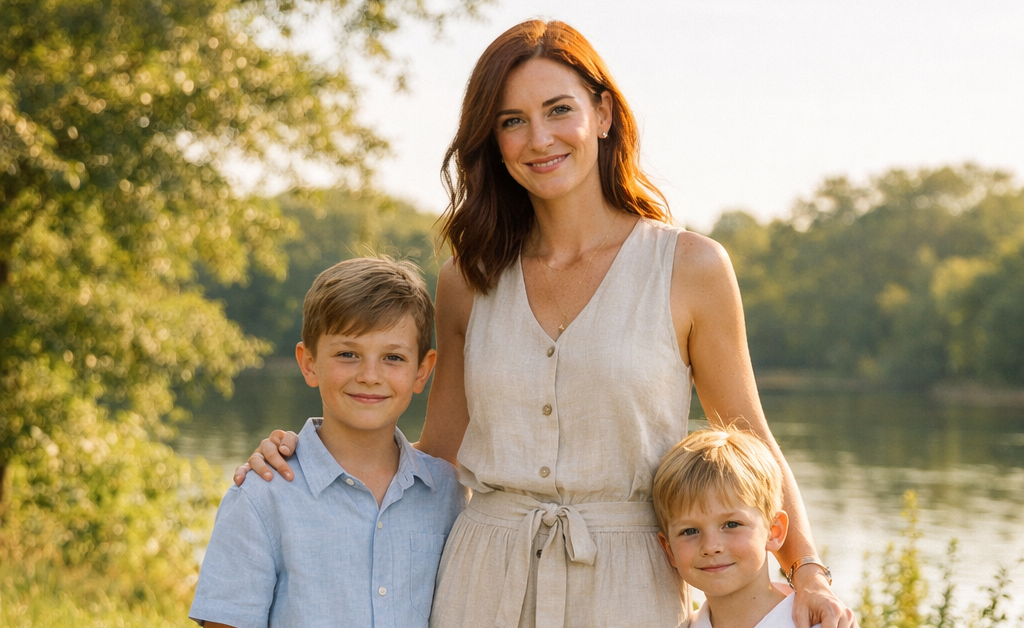 Mother and sons wearing relaxed linen spring outfits in soft neutral tones, styled for an effortless family look.