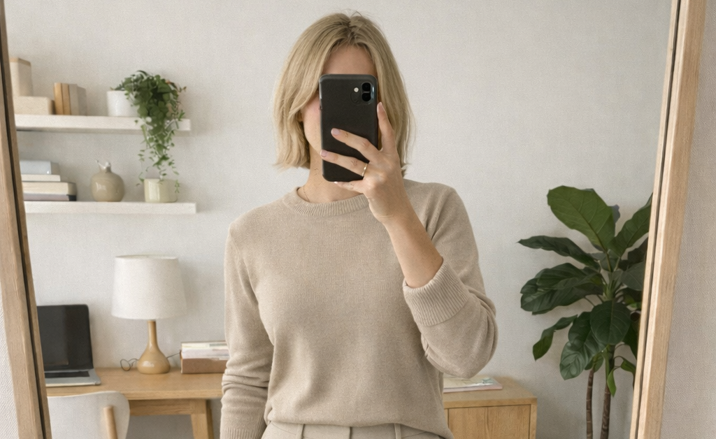 Woman dressed in a monochrome neutral outfit styled for a modern casual work look