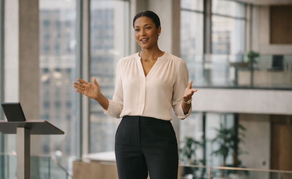 African American woman wearing a polished blouse and ankle-length pants speaking on stage