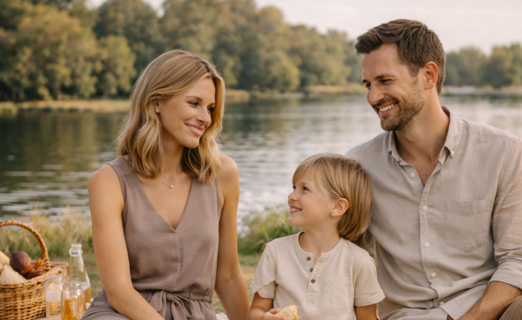 Woman wearing a neutral casual jumpsuit seated with husband and young child on a picnic blanket near a lake