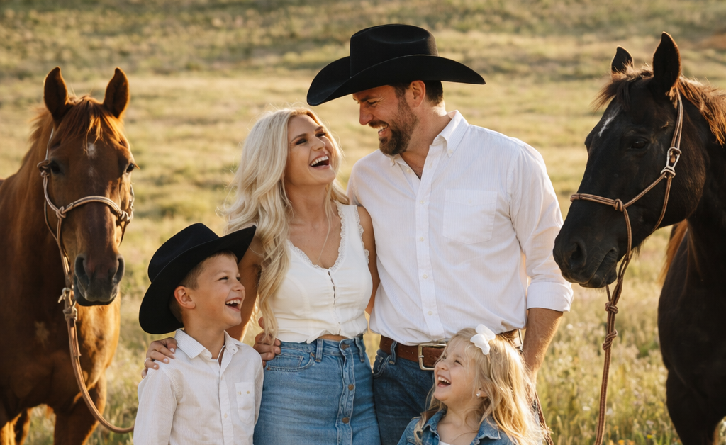 Family of four in denim and white outfits laughing in a golden spring field with two horses at sunset
