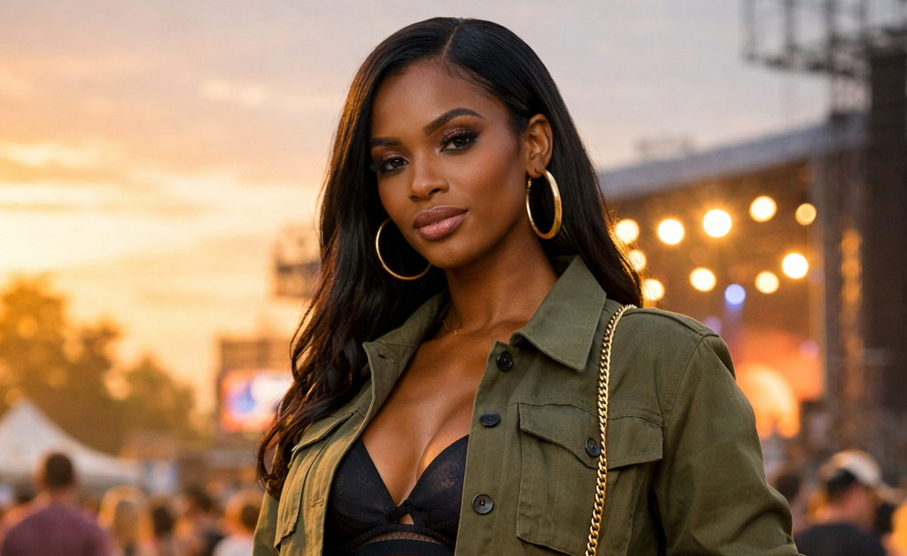 Black woman wearing olive cargo pants set with cropped cargo jacket, bralette, gold hoops, and crossbody bag styled for outdoor concert outfit