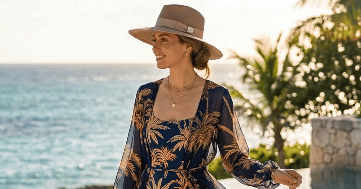 Woman wearing a bold one-piece swimsuit layered with a sheer maxi cover-up beside a luxury infinity pool overlooking the ocean, chic beach vacation outfit.