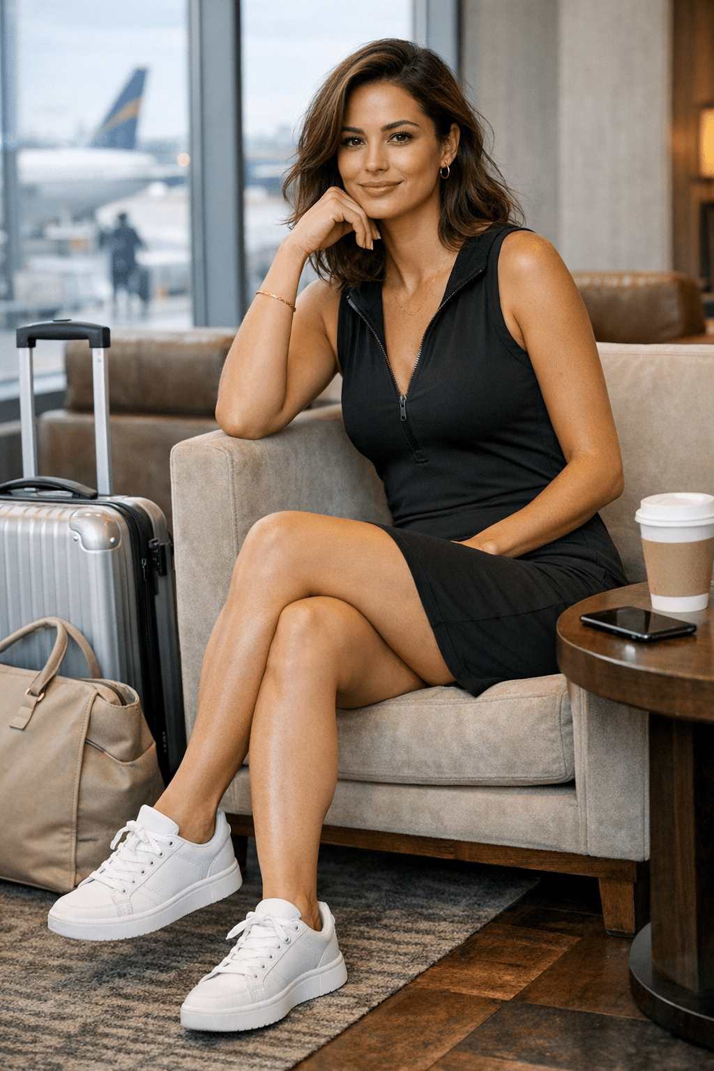 Athleisure dress paired with white sneakers, perfect travel outfit ideas women for airport style Athleisure dress paired with white sneakers, perfect travel outfit ideas women for airport style