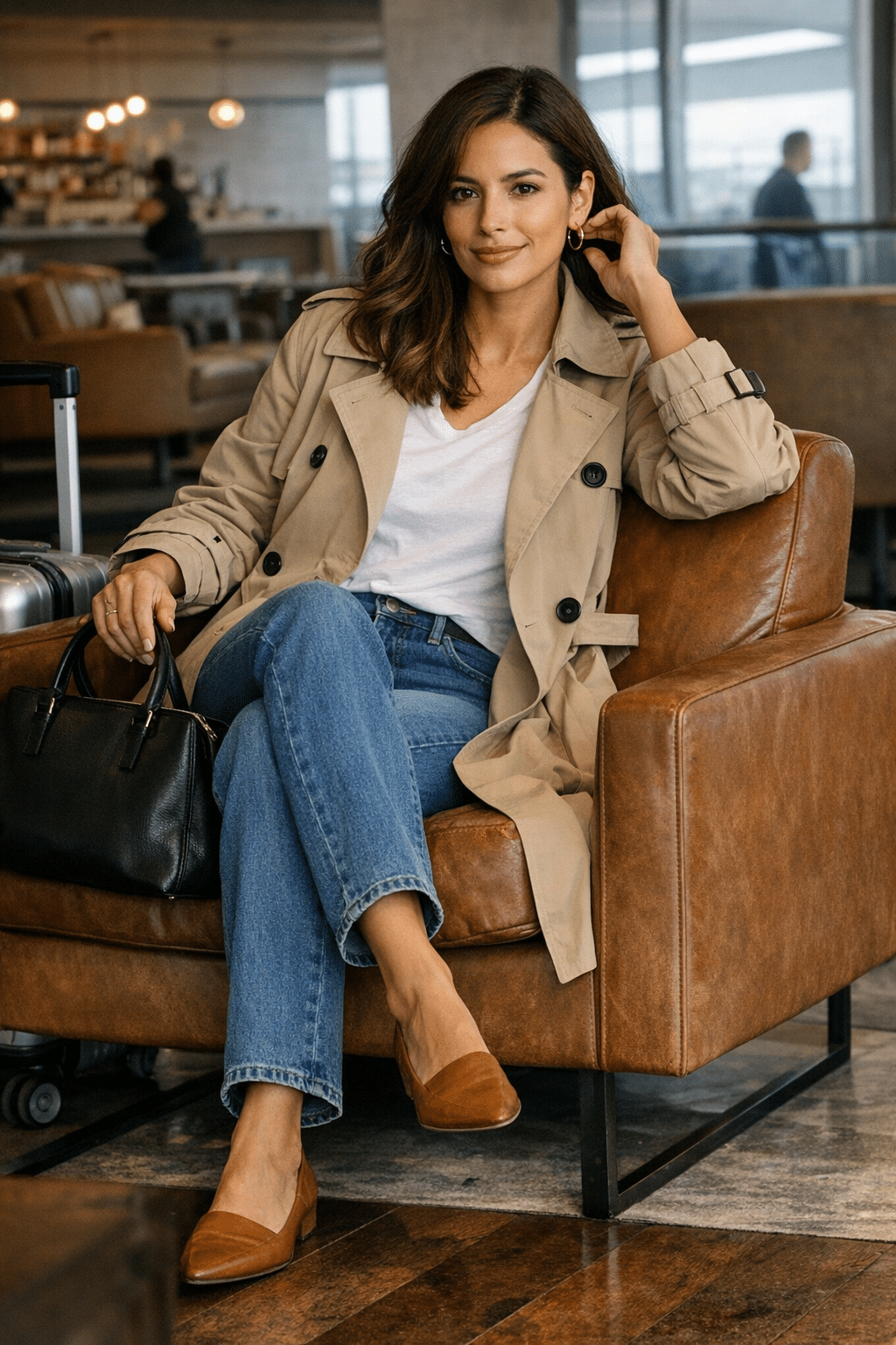 Classic trench coat with straight-leg jeans, chic travel outfit ideas women for city trips Classic trench coat with straight-leg jeans, chic travel outfit ideas women for city trips