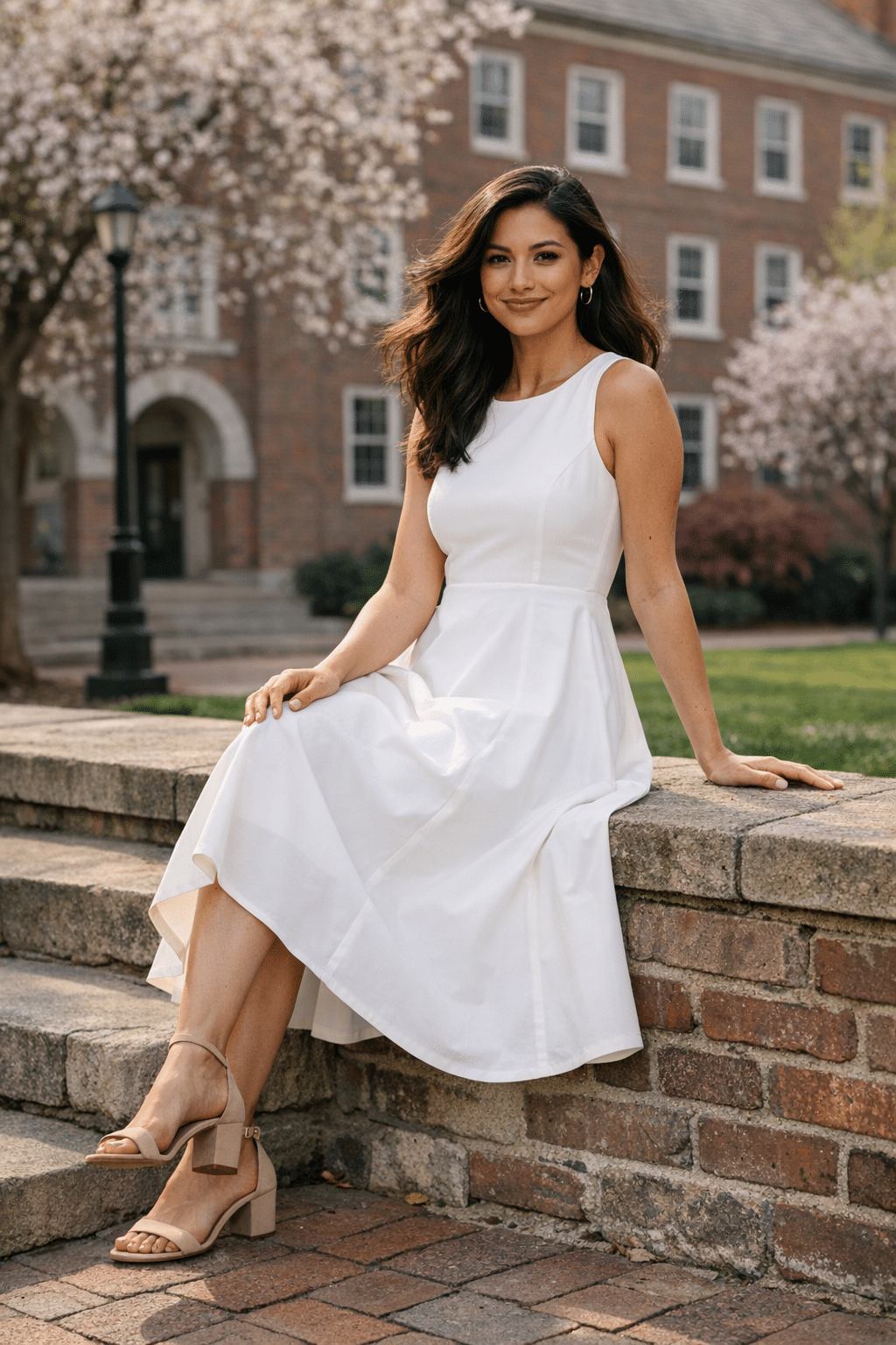 Classic white A-line midi dress styled for graduation outfits for women