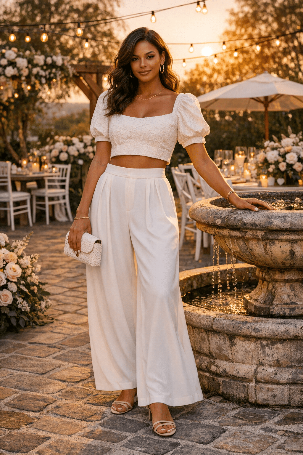 Cropped jacquard top with high-waisted palazzo pants for wedding guest outfits summer style Cropped jacquard top with high-waisted palazzo pants for wedding guest outfits summer style